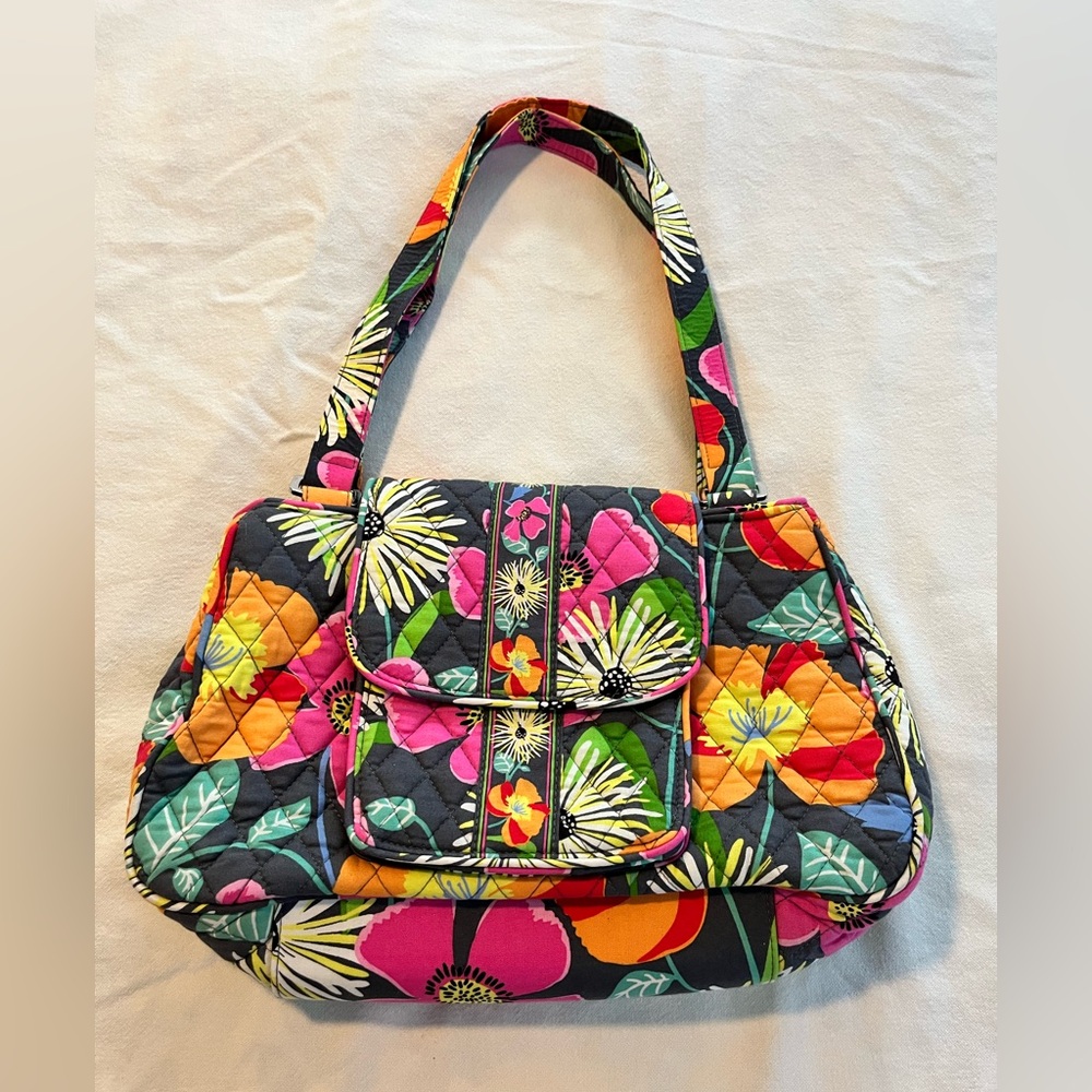 Vera Bradley Retired Jazzy Blooms Vera Satchel Black Orange Yellow Pink EUC